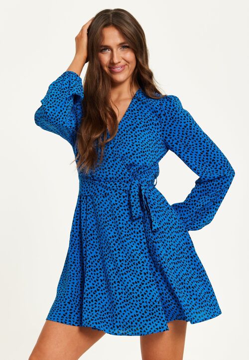 Liquorish Heart Print Mini Wrap Dress with Long Sleeves in Royal Blue