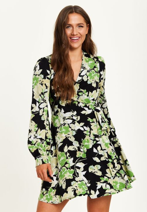 Liquorish Green Floral Print Mini Wrap Dress with Long Sleeves in Black