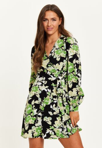 Mini robe portefeuille à imprimé floral vert liqueur avec manches longues en noir 4