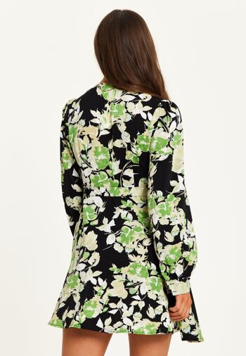 Mini robe portefeuille à imprimé floral vert liqueur avec manches longues en noir 8