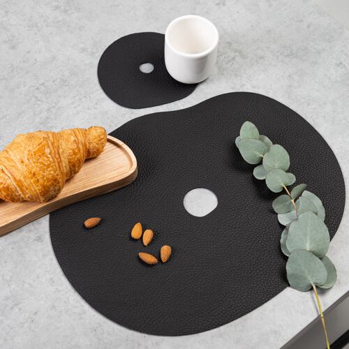 Black leather placemat and coaster MILLSTONES