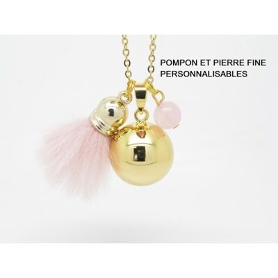 BOLA DE GROSSESSE PERSONNALISABLE DORE OR FIN ET POMPON ET PIERRE FINE QUARTZ ROSE CADEAU FUTURE MAMAN F de Bm creations