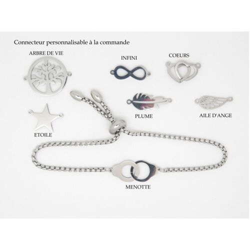 BRACELET ACIER INOXYDABLE  MENOTTES OU ARBRE DE VIE OU INFINI OU ETOILE OU COEUR OU PLUME OU AILE D'ANGE