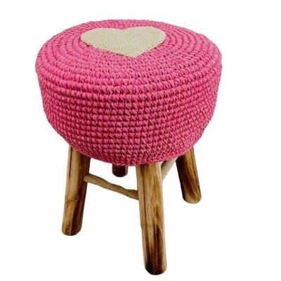 sustainable children's stool with crochet cover with heart - pink - cotton & wood - handmade in Nepal - kids stool