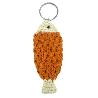 nachhaltiger Fisch-Schlüsselanhänger orange – Bio-Baumwolle – handgefertigt in Nepal – Taschenaufhänger – gehäkelter Fisch-Schlüsselanhänger