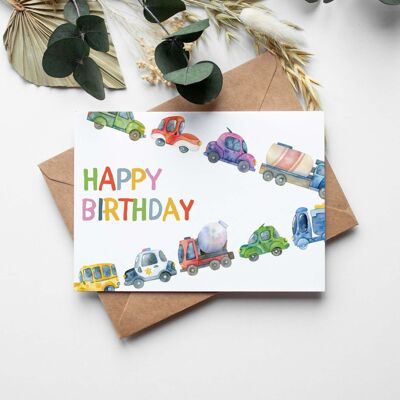 Carte de voeux joyeux anniversaire défilé de voitures enfants