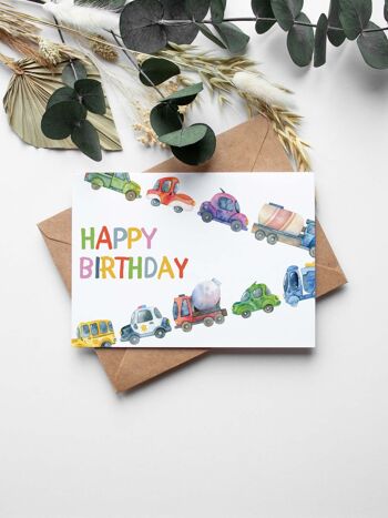 Carte de voeux joyeux anniversaire défilé de voitures enfants 1