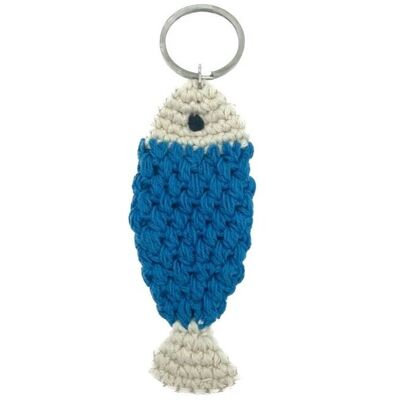 porte-clés poisson durable bleu - coton biologique - fait à la main au Népal - cintre pour sac - porte-clés poisson au crochet