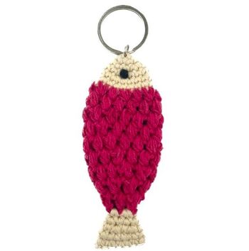 porte-clés poisson durable fuchsia - coton biologique - fait main au Népal - accroche-sac - porte-clés poisson au crochet 1