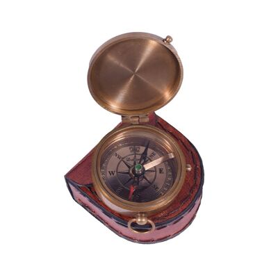 Antique Brass Compass with Leather Cas Maritime Collectible