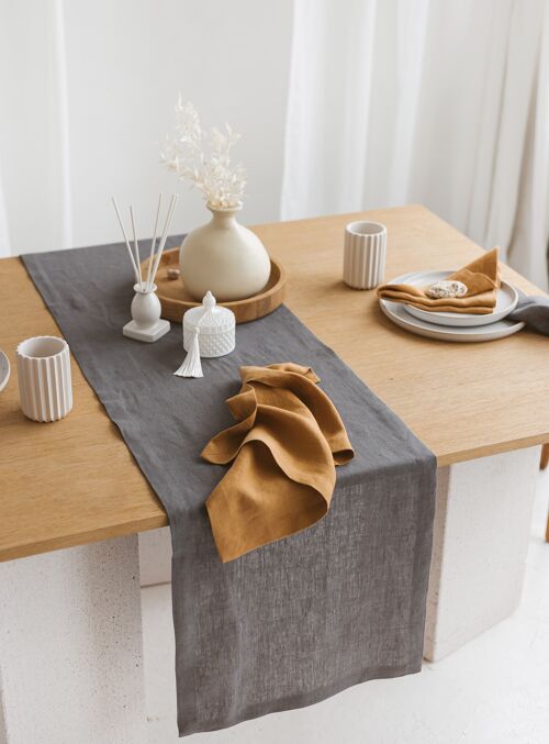 Linen Table Runner with Mittered Corners CHARCOAL GREY