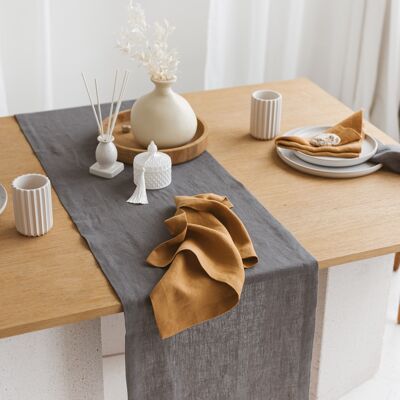 Linen Table Runner with Mittered Corners CHARCOAL GREY