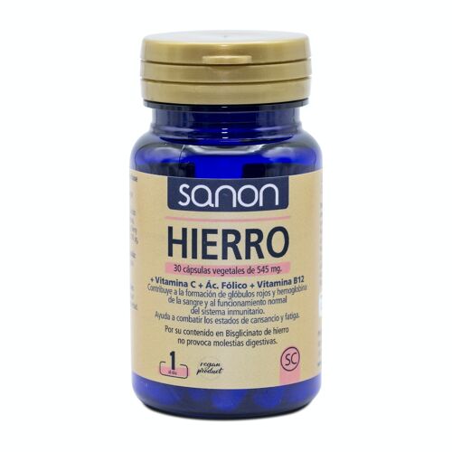 SANON Hierro + Vitamina C + ácido fólico + Vitamina B12 30 cápsulas vegetales de 545 mg