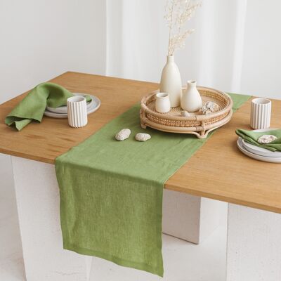 Linen Table Runner with Mitered Corners FOREST GREEN