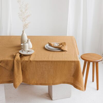 Linen Tablecloth with Mitered Corners • MUSTARD YELLOW 142x142cm