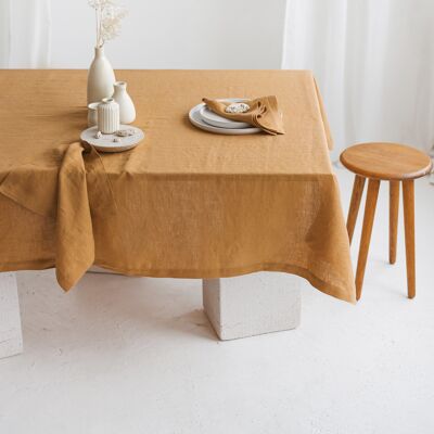 Linen Tablecloth with Mitered Corners • MUSTARD YELLOW 142x142cm
