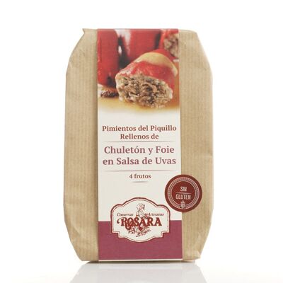 PEPERONI RIPIENI DI T-BIRK E FOIE IN SALSA D'UVA 4 UNITÀ LATTA A-F 270 ml.