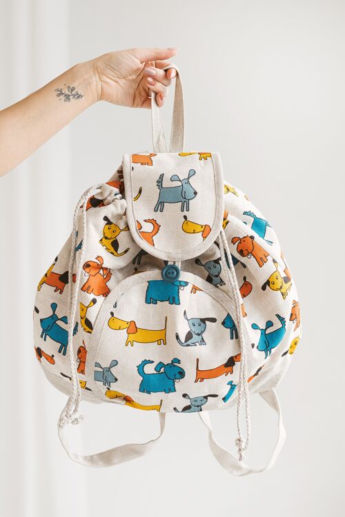 Linen Backpack • Women’s Boho Rucksack DOGS