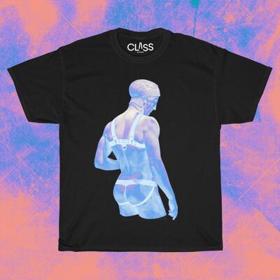 EROS - Camiseta queer gráfica, ropa del orgullo gay, dios griego en arnés y suspensorio, arte rizado, moda LGBTQ, erótica masculina, ropa fetiche