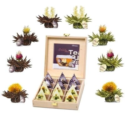 Creano Teelini Teeblumen im Tassenformat, Geschenkset in Teekiste aus Holz, 12 Erblühteelini in 8 Sorten - Weißer Tee & Schwarzer Tee