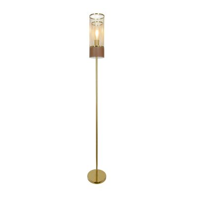 Stehlampe aus goldfarbenem Metall und braunem Kunstleder Acuero