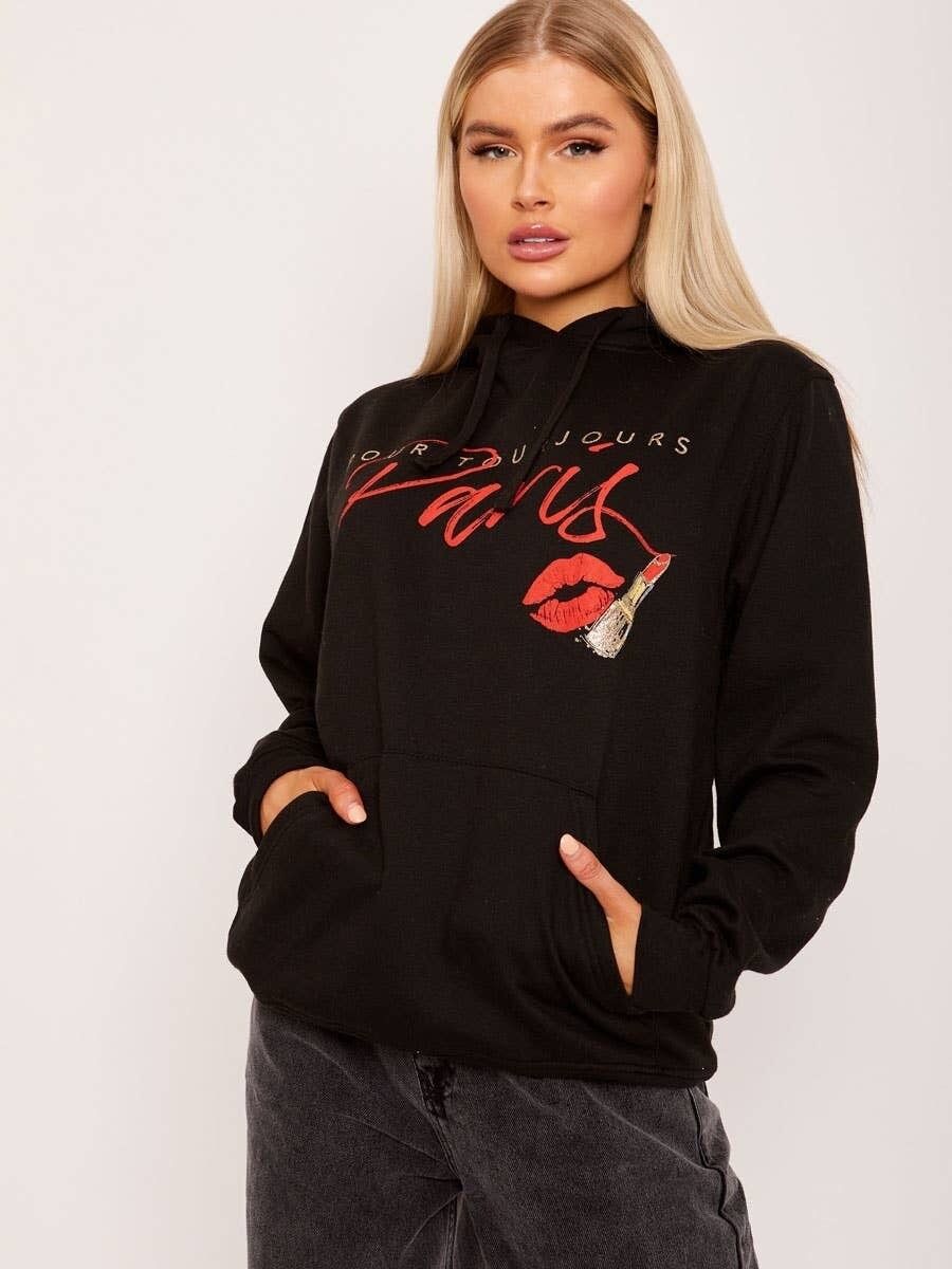 Felpa con cappuccio in pile con stampa grafica Pour Tourjours Paris