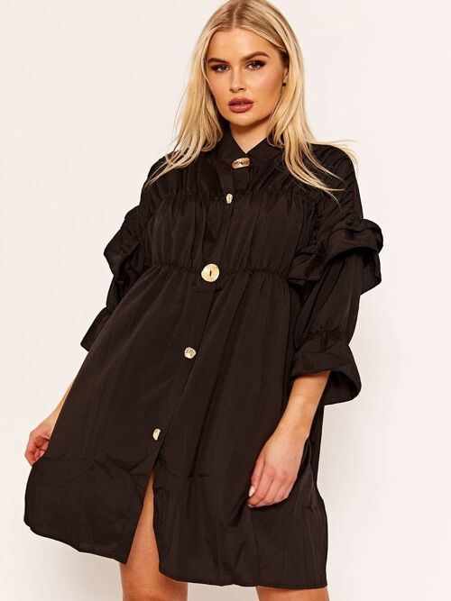 Ruched Frill Buttoned Smock Dress