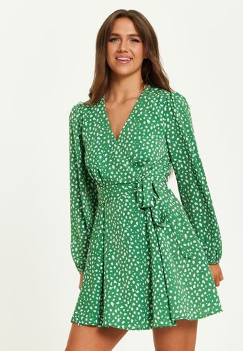 Mini robe portefeuille Liquorish à imprimé animal et manches longues en vert 1