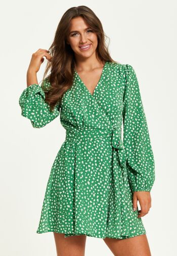 Mini robe portefeuille Liquorish à imprimé animal et manches longues en vert 3