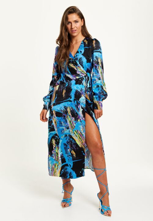 Liquorish Multicolour Abstract Print Maxi Wrap Dress with Long Sleeves