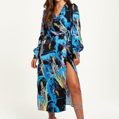 Maxi robe portefeuille à imprimé abstrait multicolore Liquorish avec manches longues