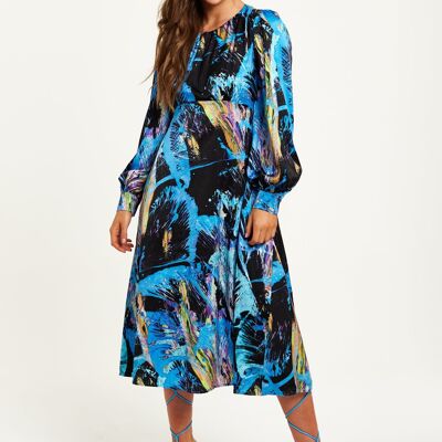 Liquorish Multicolour Abstract Print Midi Dress with Long Sleeves and Tie Waist