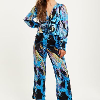 Liquorish Multicolour Abstract Print Jumpsuit with Ruched Front and Long Sleeves