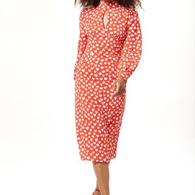 Liquorish Heart Print Midi Dress in Red with Slit on Neckline