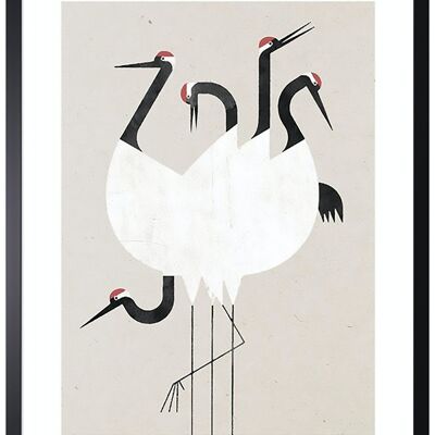 Mural graphic 5 cranes picture with frame black 60 x 90 cm