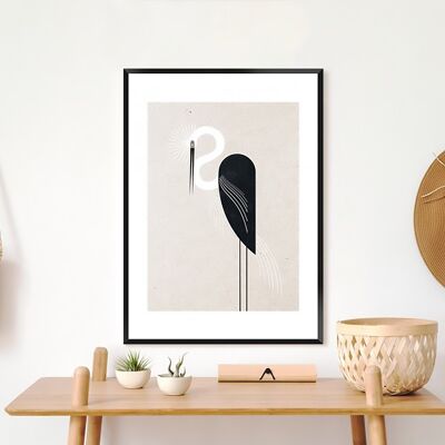 Mural graphic stork black and white picture with black frame 60 x 90 cm