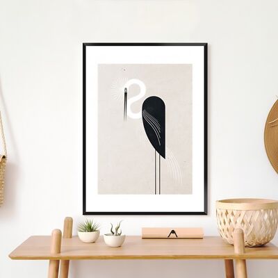 Wandbild Grafik Storch schwarz weiß Bild mit Rahmen schwarz 60 x 90 cm