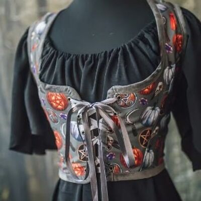 Corpetto rinascimentale superiore di Halloween, gilet corsetto in stile strega con corsetto di zucca, gotico reggenza Wench, fiera ren