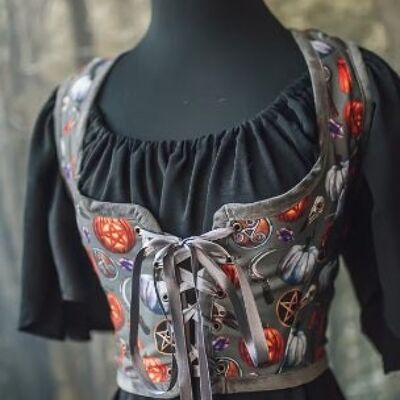 Corpetto rinascimentale superiore di Halloween, gilet corsetto in stile strega con corsetto di zucca, gotico reggenza Wench, fiera ren