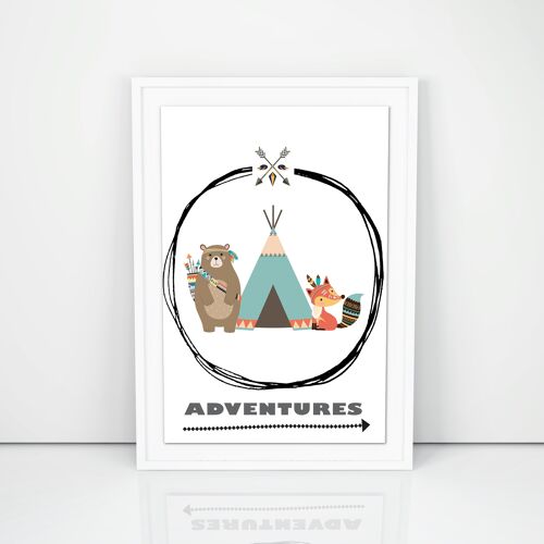 Poster "Adventures" white frame, A4 format