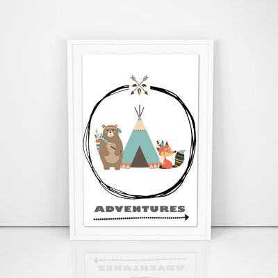 Affiche "Aventures" cadre blanc, format A3