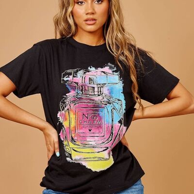 Camiseta con detalle de purpurina y gráfico de perfume colorido