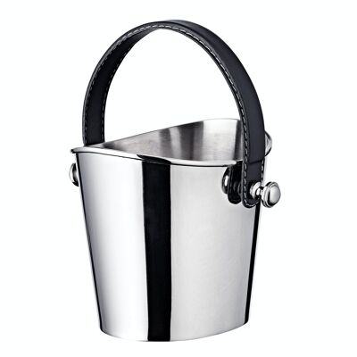 Gilbert ice bucket, shiny nickel-plated brass, black leather handle, height 17 cm