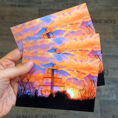 Carte postale coucher de soleil paysage avec poteaux électriques 10 pièces Din A6