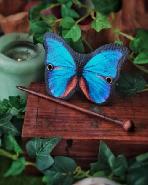 Blue Butterfly Hair Barrette in Vegan Leather blue morpho Autumn whimsical accessory head piece woodland cottagecore
