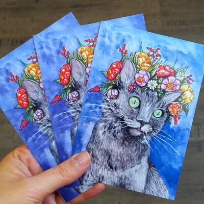 Carte postale chat avec couronne de fleurs 10 pièces DinA6