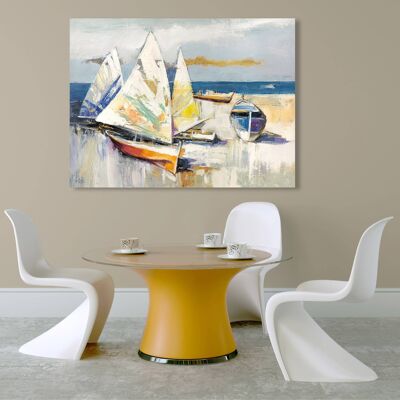 Picture with marine landscape, on canvas: Luigi Florio, Boats on the beach