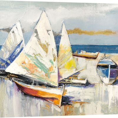 Pintura con paisaje marino, sobre lienzo: Luigi Florio, Barcos en la playa