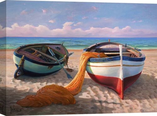 Quadro con paesaggio marino, su tela: Adriano Galasso, Barche sulla spiaggia