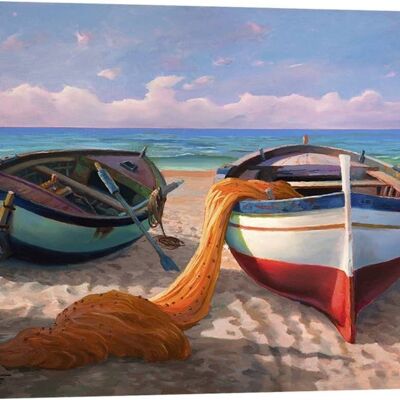 Painting with marine landscape, on canvas: Adriano Galasso, Boats on the beach
